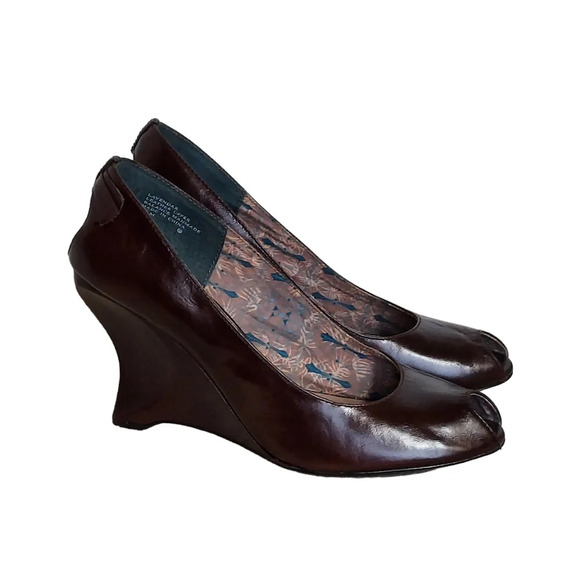 Kenzie Leather Sculptured Wedge Peep Toe Heels Burgundy Brown Color Unique - Picture 16 of 16